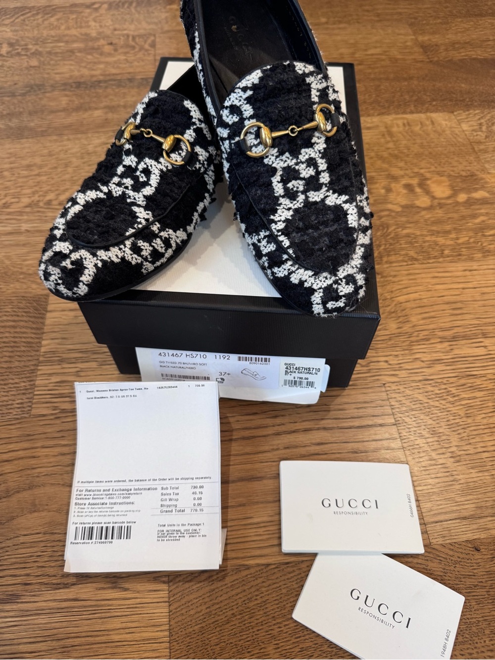 Gucci Black and White Tweed Horsebit Loafers with Gold Hardware